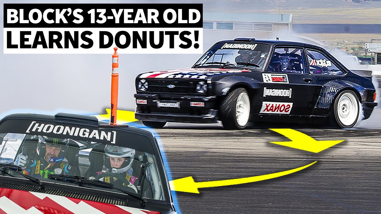Ken Block Teaches His 13-Year-Old Daughter To Do Donuts... in the Gymkhana Ford Escort!
